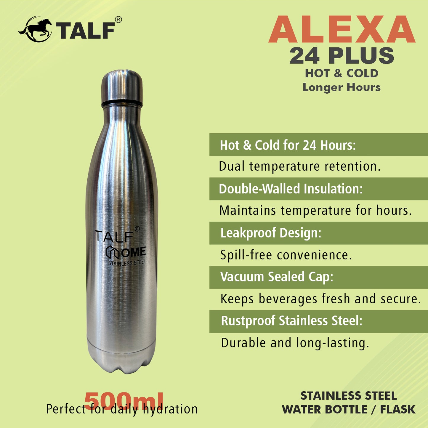 TALF Alexa 24 Plus Hot & Cold, 500ml Double-Wall Stainless Steel, (Thermosteel) Insulated Water Bottle, Leakproof, for Travel, Office, Trekking, Home