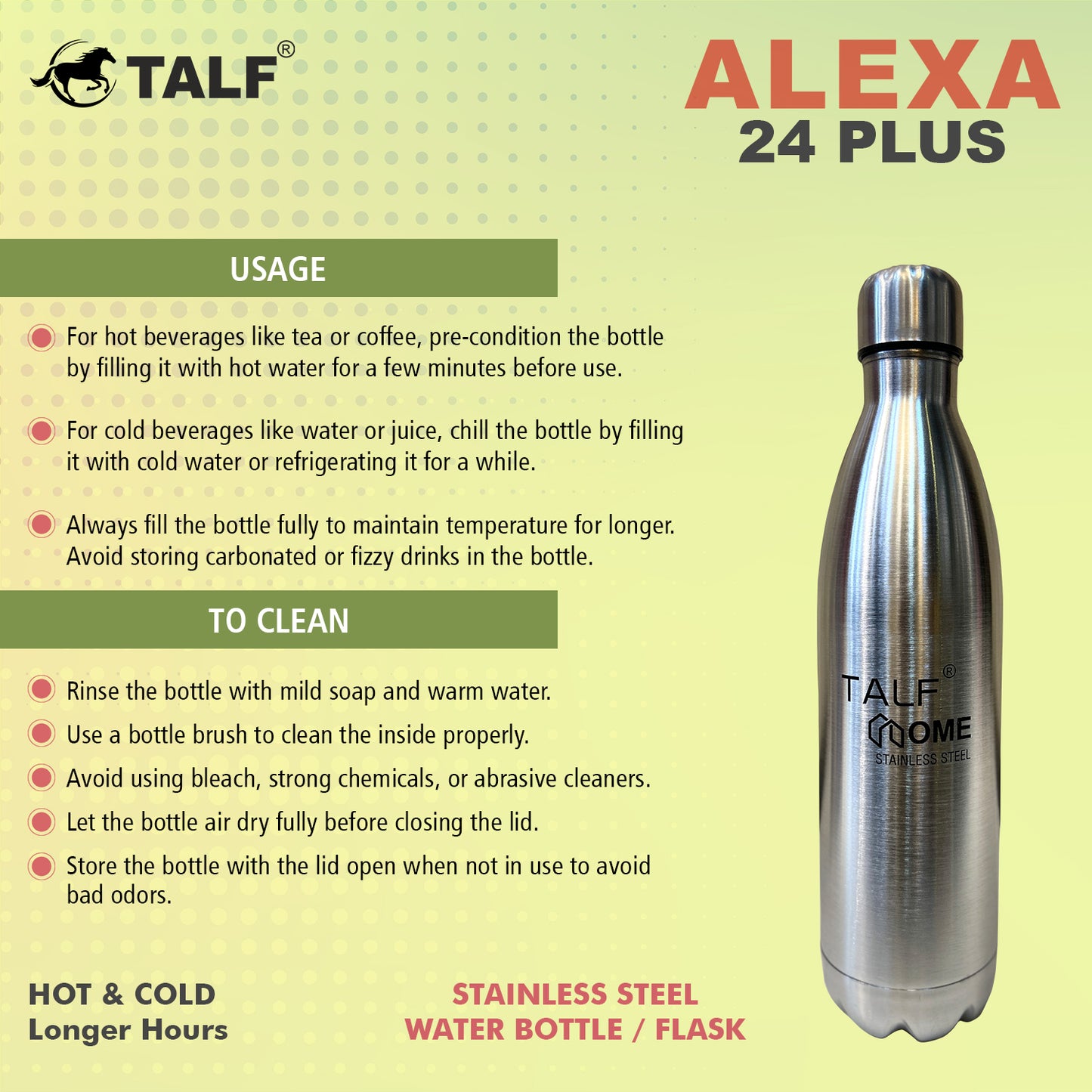 TALF Alexa 24 Plus Hot & Cold, 500ml Double-Wall Stainless Steel, (Thermosteel) Insulated Water Bottle, Leakproof, for Travel, Office, Trekking, Home