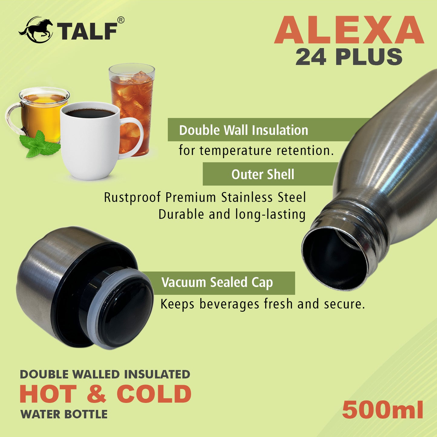 TALF Alexa 24 Plus Hot & Cold, 500ml Double-Wall Stainless Steel, (Thermosteel) Insulated Water Bottle, Leakproof, for Travel, Office, Trekking, Home