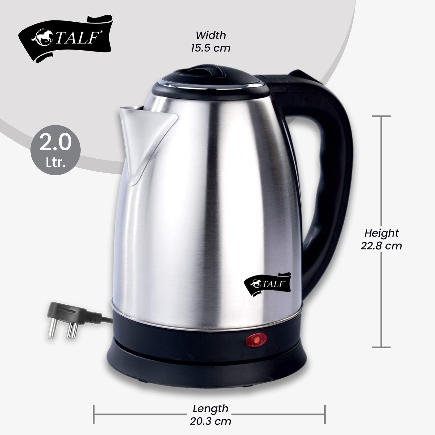 TALF Electric Kettle with Stainless Steel Body, 2 Litre, used for boiling Water, making tea and coffee, instant noodles, soup etc.