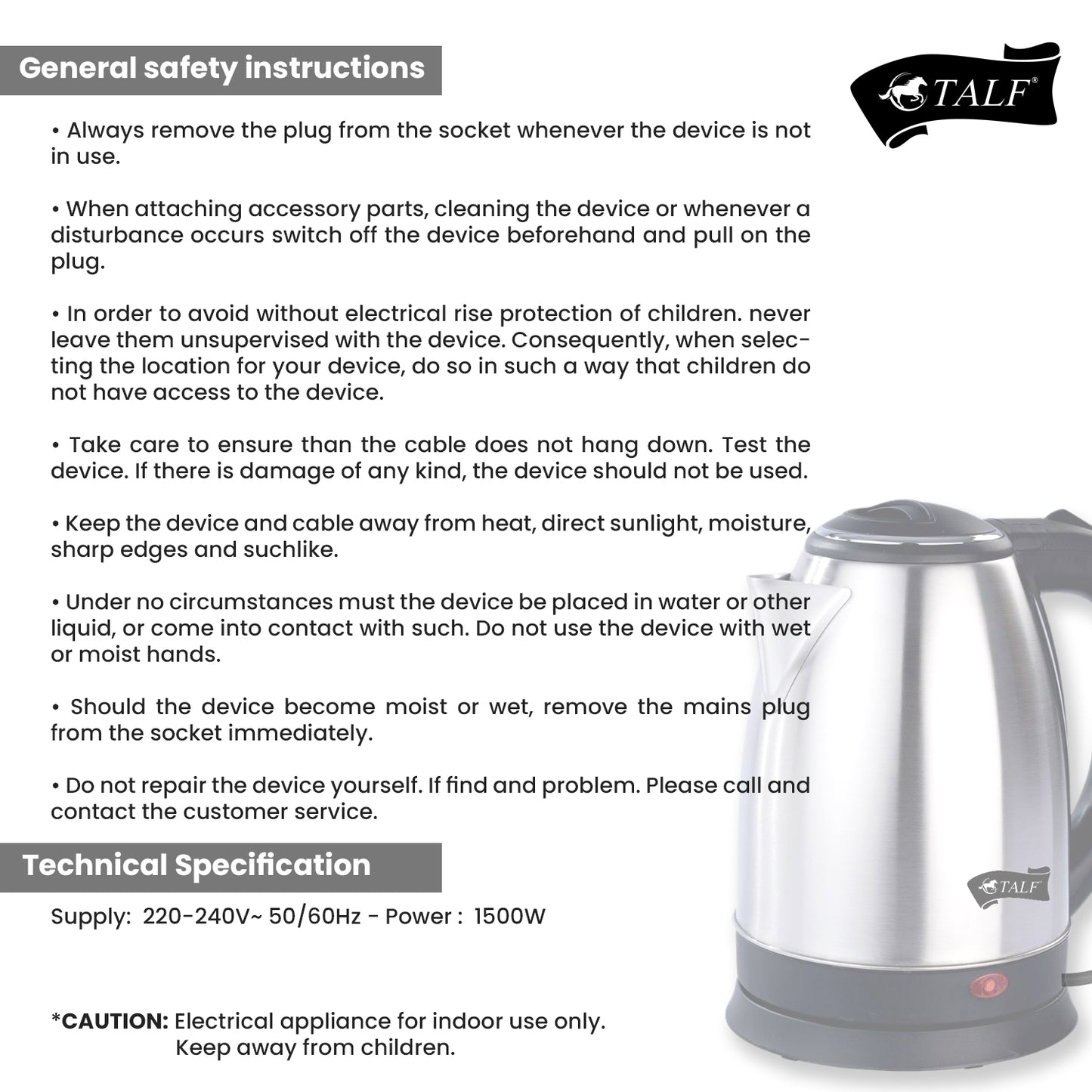 TALF Electric Kettle with Stainless Steel Body, 2 Litre, used for boiling Water, making tea and coffee, instant noodles, soup etc.