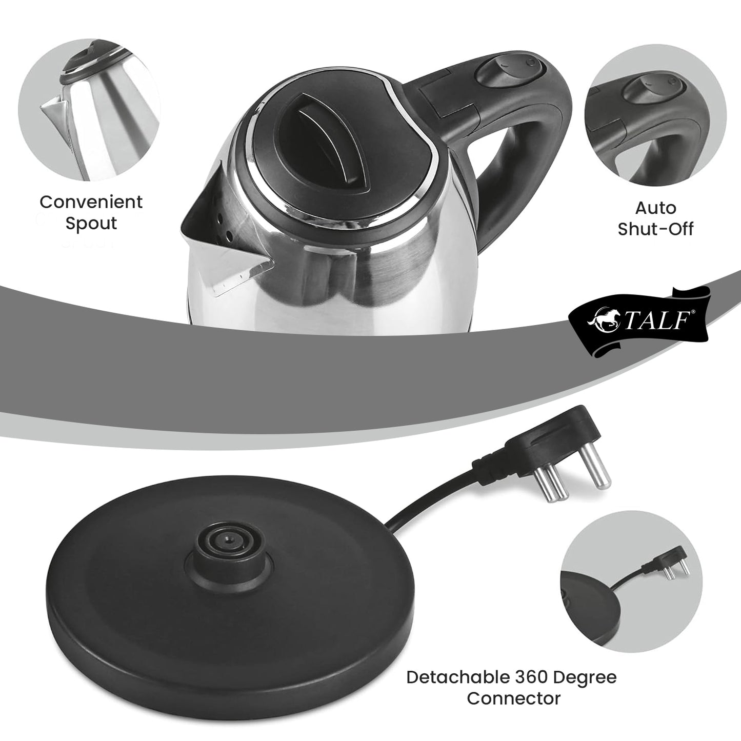 TALF Electric Kettle with Stainless Steel Body, 2 Litre, used for boiling Water, making tea and coffee, instant noodles, soup etc.