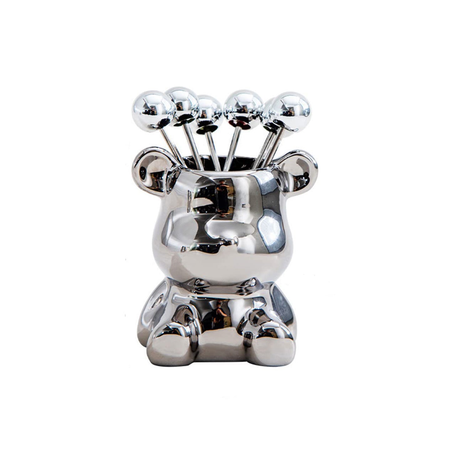 TALF Teddy Bear Fruit Fork Set with Holder, Stainless Steel, 6 Pieces, Household Tableware, Silver