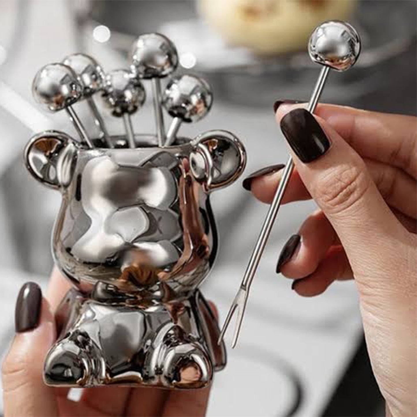 TALF Teddy Bear Fruit Fork Set with Holder, Stainless Steel, 6 Pieces, Household Tableware, Silver