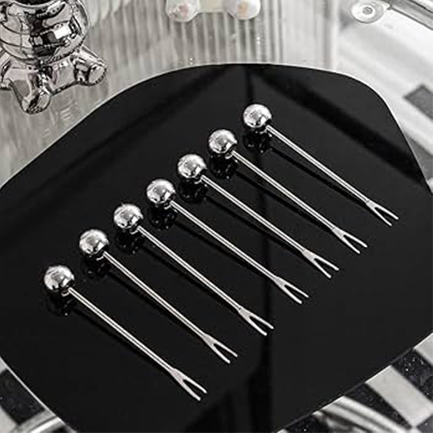 TALF Teddy Bear Fruit Fork Set with Holder, Stainless Steel, 6 Pieces, Household Tableware, Silver
