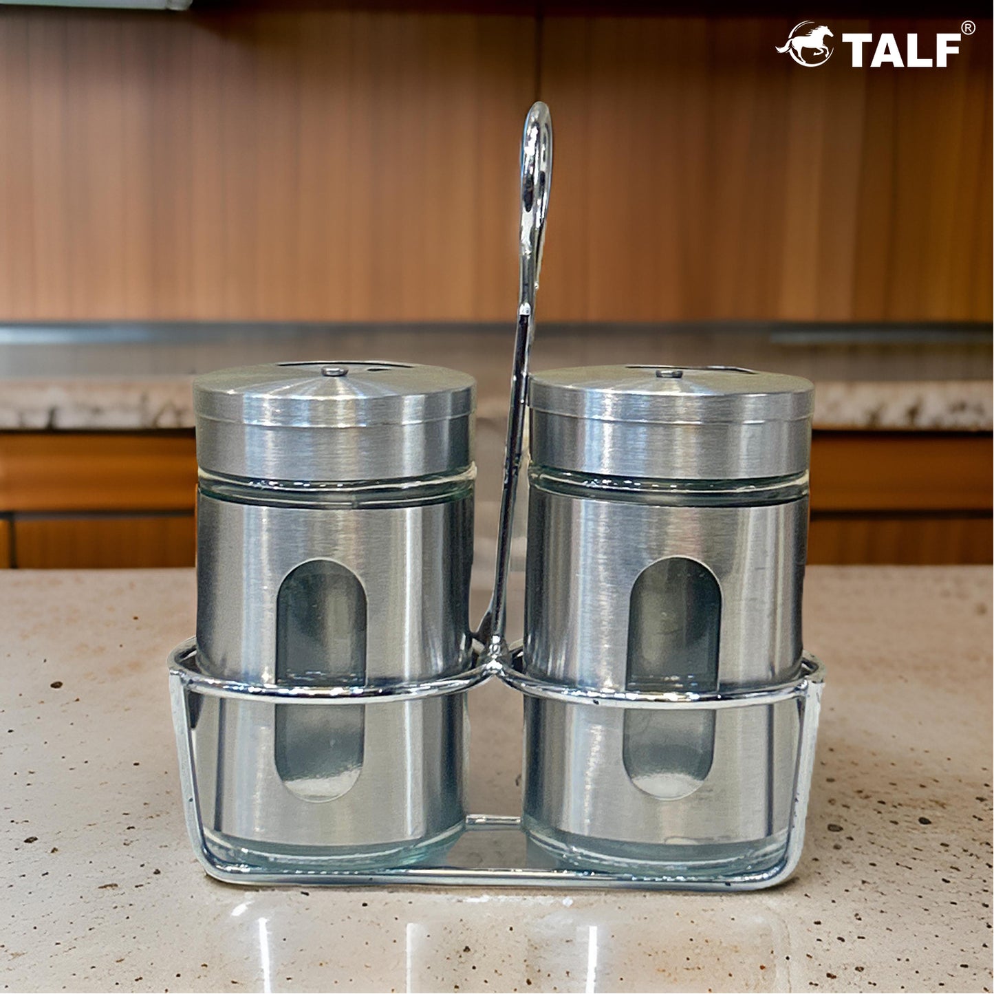 TALF Salt & Pepper Shaker Set - Airtight, Stainless Steel and Glass, Sea Salt, Oregano, Chilli Flakes Seasoning Sprinkler Dispenser