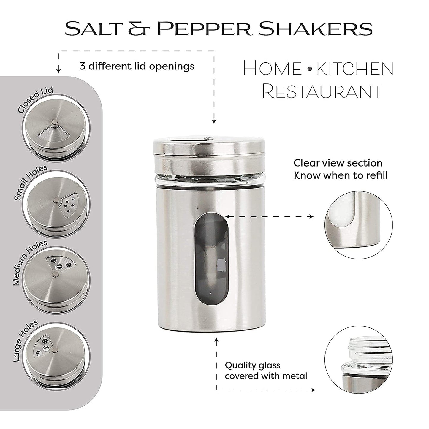 TALF Salt & Pepper Shaker Set - Airtight, Stainless Steel and Glass, Sea Salt, Oregano, Chilli Flakes Seasoning Sprinkler Dispenser
