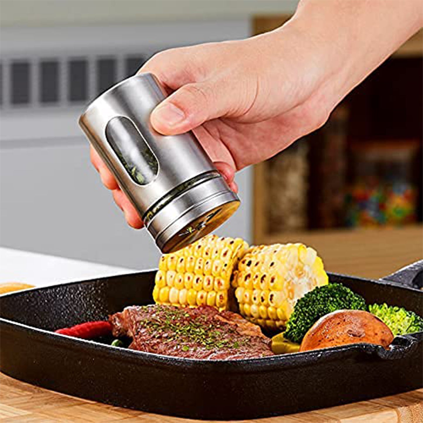 TALF Salt & Pepper Shaker Set - Airtight, Stainless Steel and Glass, Sea Salt, Oregano, Chilli Flakes Seasoning Sprinkler Dispenser