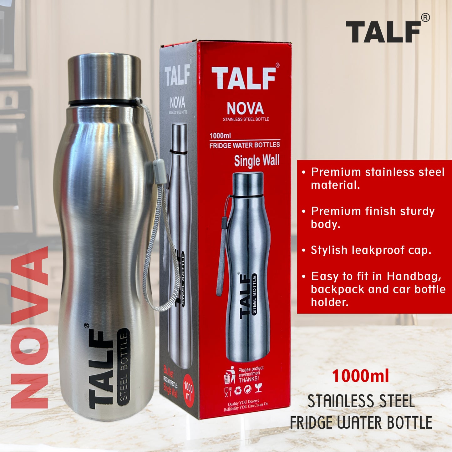 TALF NOVA Stainless-steel Water Bottle, 1000ml, Single Wall, Leakproof, fridge water bottle