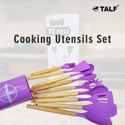 TALF Silicone Kitchen Utensils Spoon Spatula Cooking 10 Pcs Set, Wooden Handle, Non-Stick, BPA Free, Heat Resistant, Silicone Cookware Tools with Holder (Purple)