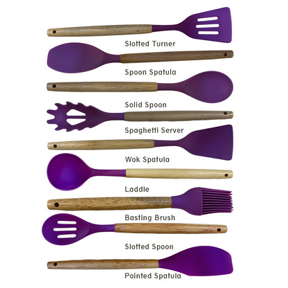 TALF Silicone Kitchen Utensils Spoon Spatula Cooking 10 Pcs Set, Wooden Handle, Non-Stick, BPA Free, Heat Resistant, Silicone Cookware Tools with Holder (Purple)