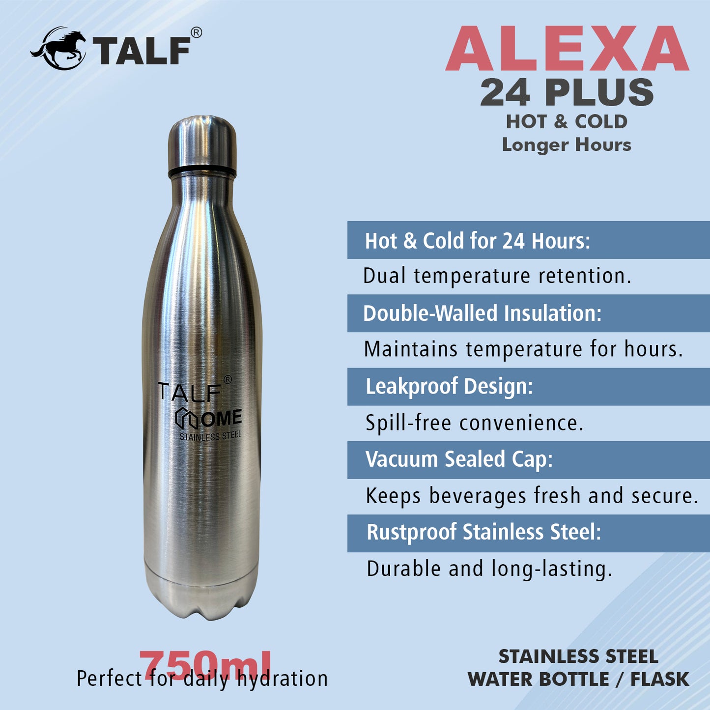 TALF Alexa 24 Plus Hot & Cold, 750ml Double-Wall Stainless Steel, (Thermosteel) Insulated Water Bottle, for Travel, Office, Trekking, Home