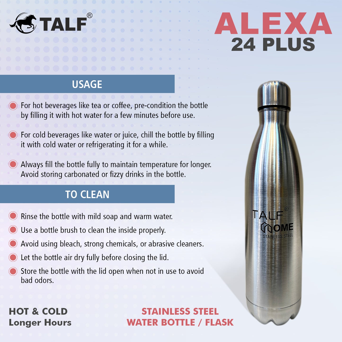 TALF Alexa 24 Plus Hot & Cold, 750ml Double-Wall Stainless Steel, (Thermosteel) Insulated Water Bottle, for Travel, Office, Trekking, Home