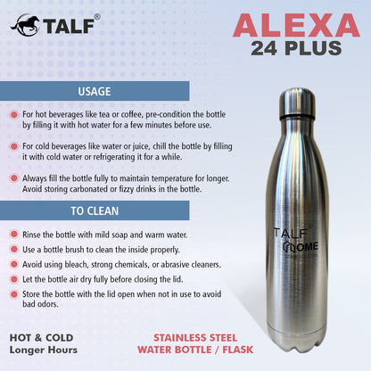 TALF Alexa 24 Plus Hot & Cold, 750ml Double-Wall Stainless Steel, (Thermosteel) Insulated Water Bottle, for Travel, Office, Trekking, Home
