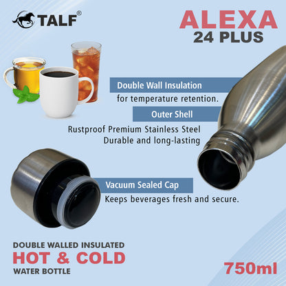 TALF Alexa 24 Plus Hot & Cold, 750ml Double-Wall Stainless Steel, (Thermosteel) Insulated Water Bottle, for Travel, Office, Trekking, Home