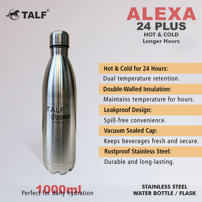 TALF Alexa 24 Plus Hot & Cold, 1000ml Double-Wall Stainless Steel, (Thermosteel) Insulated Water Bottle, for Travel, Office, Trekking, Home