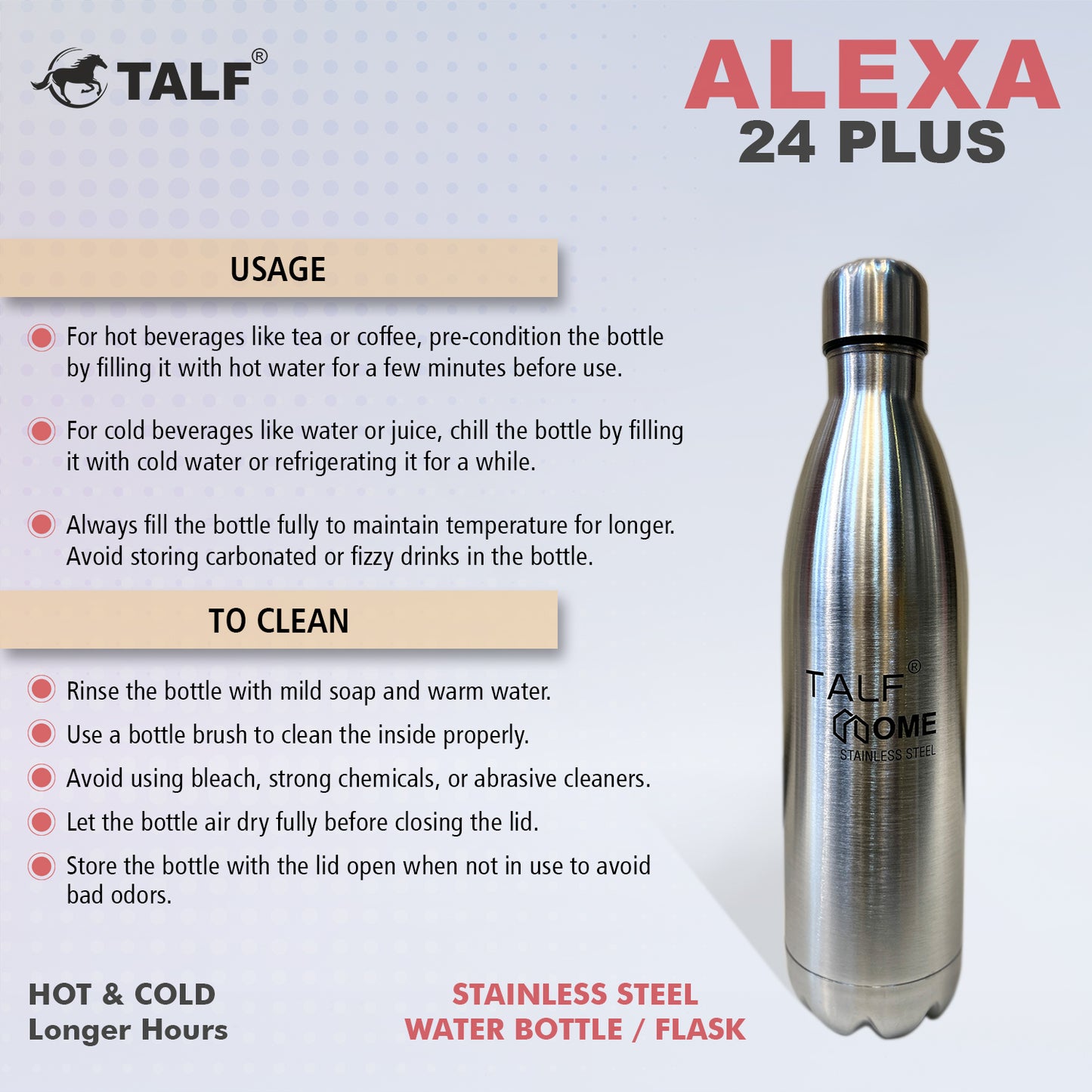 TALF Alexa 24 Plus Hot & Cold, 1000ml Double-Wall Stainless Steel, (Thermosteel) Insulated Water Bottle, for Travel, Office, Trekking, Home