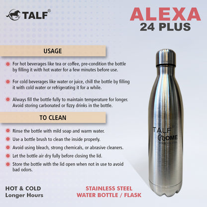 TALF Alexa 24 Plus Hot & Cold, 1000ml Double-Wall Stainless Steel, (Thermosteel) Insulated Water Bottle, for Travel, Office, Trekking, Home