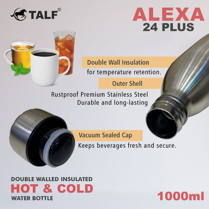 TALF Alexa 24 Plus Hot & Cold, 1000ml Double-Wall Stainless Steel, (Thermosteel) Insulated Water Bottle, for Travel, Office, Trekking, Home