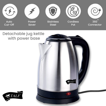TALF Electric Kettle with Stainless Steel Body, 2 Litre, used for boiling Water, making tea and coffee, instant noodles, soup etc.