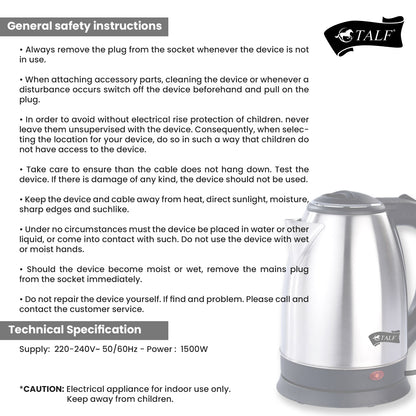 TALF Electric Kettle with Stainless Steel Body, 2 Litre, used for boiling Water, making tea and coffee, instant noodles, soup etc.