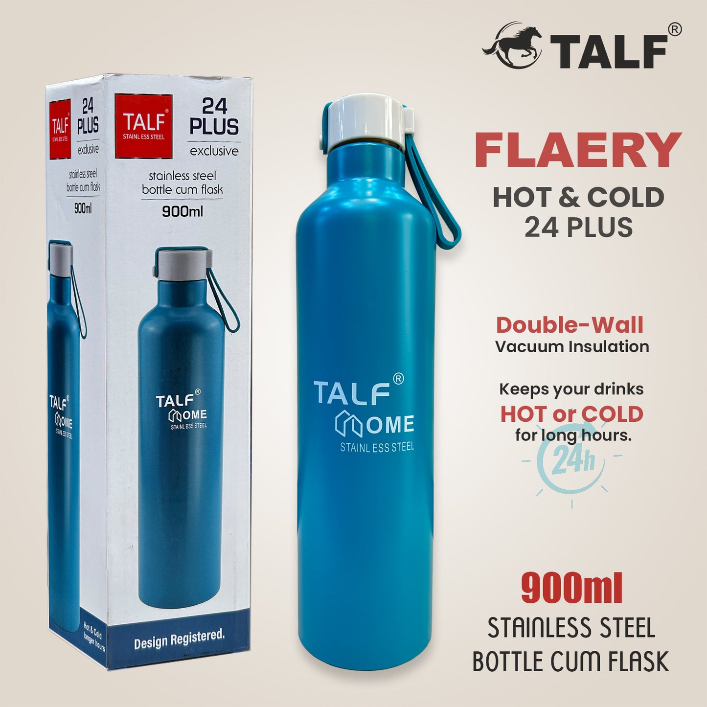 TALF FLAERY Hot & Cold 900ml Double-Wall Vacuum Insulated, Steel Water Bottle Cum Flask