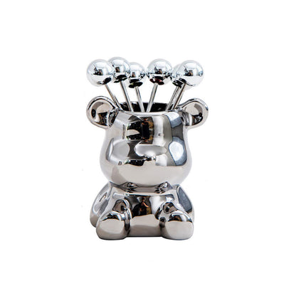 TALF Teddy Bear Fruit Fork Set with Holder, Stainless Steel, 6 Pieces, Household Tableware, Silver
