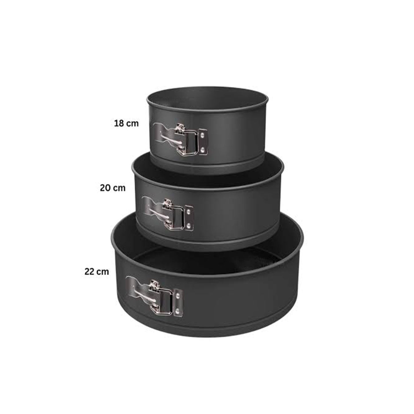 TALF Round Springform Cake Pan Set, 3 Piece Non-Stick Baking Molds, 18cm/20cm/22cm, Black