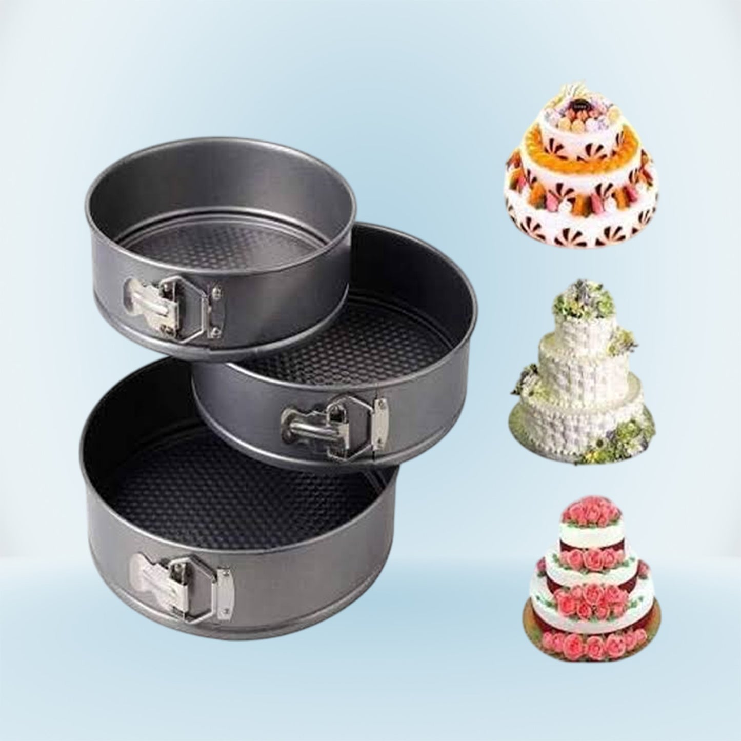TALF Round Springform Cake Pan Set, 3 Piece Non-Stick Baking Molds, 18cm/20cm/22cm, Black